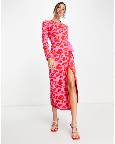 Never Fully Dressed Leopard Knitted Wrap Midi Dress - Red