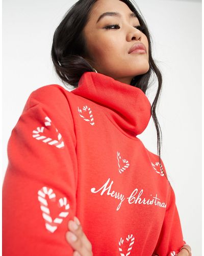 ONLY – weihnachtspullover mit rollkragen und zuckerstangenherzen - Rot