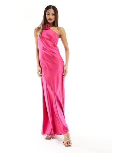 Style Cheat Satin Corsage Halter Neck Maxi Dress - Pink