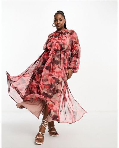 ASOS Asos Design Curve - Midi-jurk Met Lange Mouwen, Gestrikte Taille En Vervaagde Bloemenprint - Rood