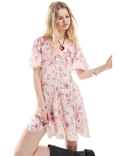 Reclaimed (vintage) – minikleid mit blumenmuster und bindedetail vorne - Pink