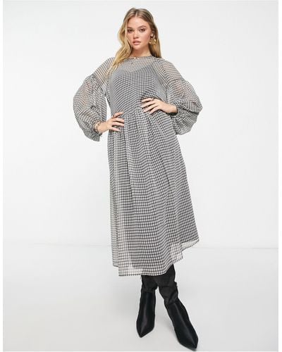 EDITED – midi-hängerkleid aus netzstoff mit unterrock und farblich abgestimmtem gitter-karomuster - Grau