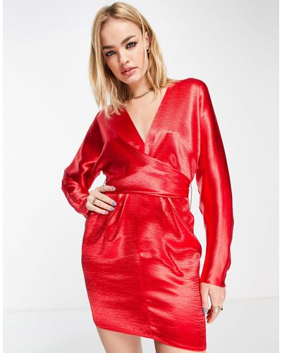ASOS Mini Dress With Batwing Sleeve And Wrap Waist - Red