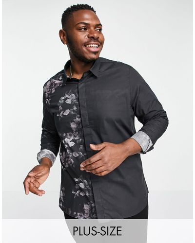 Twisted Tailor Plus Long Sleeve Shirt With Floral Fade - Blue