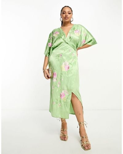 ASOS Asos Design Curve Satin Wrap Front Kimono Sleeve Embroidered Midi Dress - Green