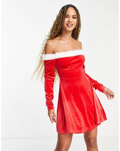 Threadbare Kerstmis - Mini Santa-jurk Van Velour Met Blote Schouders En Randje Van Imitatiebont - Rood