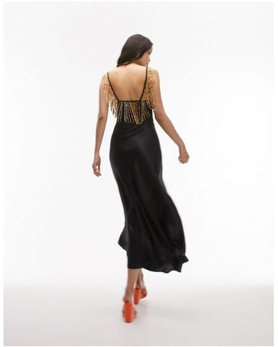TOPSHOP Maxi Dress With Beaded Fringing Detail - Black