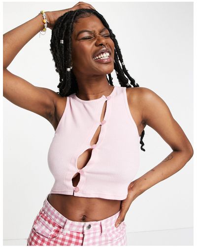 Daisy Street Cropped Vest Top Wth Asymmetric Buttons - Pink