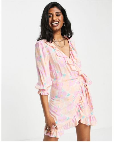 TOPSHOP Washed Neon Floral Mini Wrap Dress - Pink