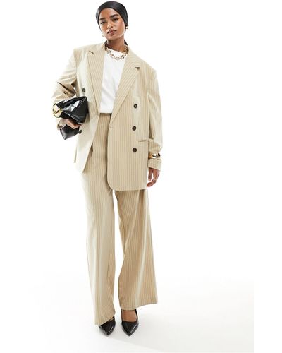 ASOS Blazer style masculin d'ensemble à fines rayures et double boutonnage - taupe - Blanc
