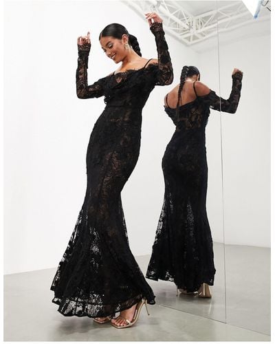 ASOS Statement Applique Lace Fishtail Maxi Dress With Cowl Neck - Black