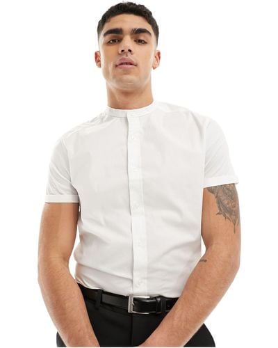 ASOS Slim Fit Grandad Collar Shirt With Roll Sleeves - White