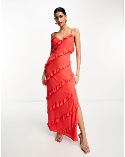 Pretty Lavish Asymmetric Ruffle Maxi Dress - Red