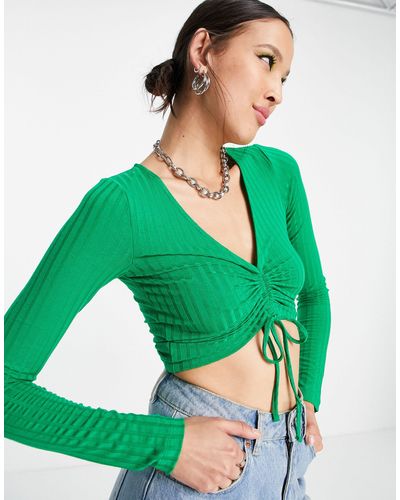 Envii Long Sleeve Crop Top With Ruched Front - Green