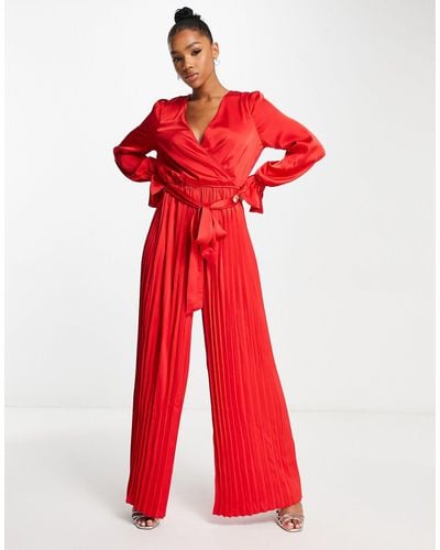In The Style Satin Wrap Detail Pleated Wide Leg Jumpsuit With Belt - Red