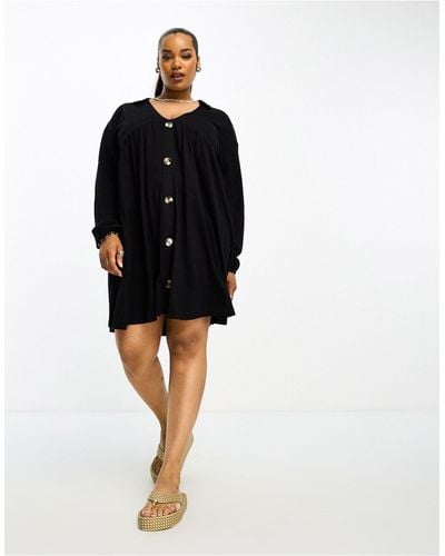 ASOS Asos Design Curve Long Sleeve Mini Smock Dress With Buttons - Black
