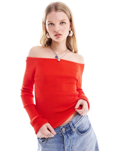 Noisy May Off Shoulder Knitted Long Sleeve Top - Red