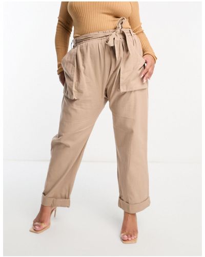 River Island Linen Mix Belted Utility Pants - Natural
