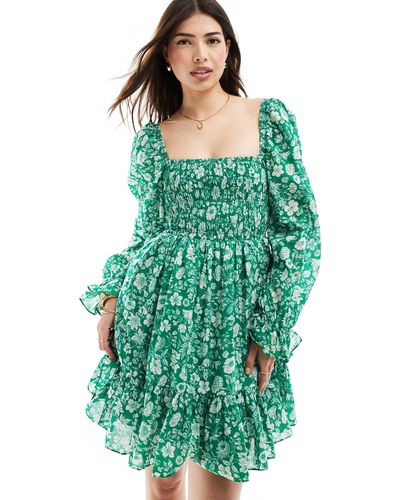 & Other Stories Ruche Bodice Mini Dress With Volume Sleeve And Tiered Hem - Green