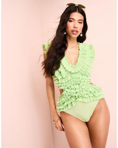 ASOS Ruffle Plunge Swimsuit With Cut Out Detail - Green
