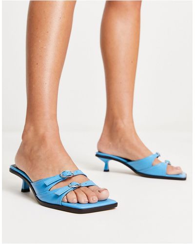 ASOS Howler Premium Leather Buckle Detail Mid Heeled Mules - Blue