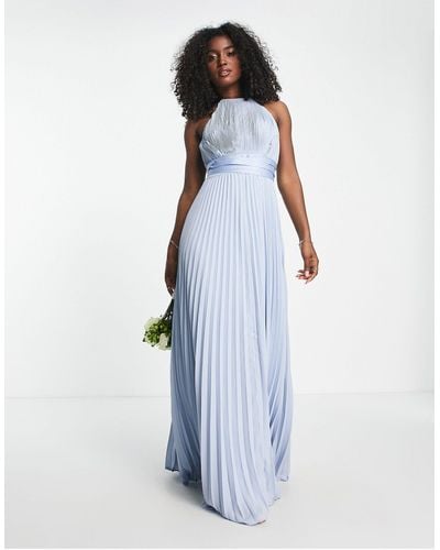 ASOS Bridesmaid Pleated Pinny Maxi Dress With Satin Wrap Waist - Blue