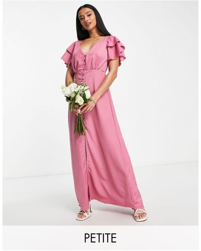 Little Mistress Bridesmaid Satin Maxi Dress With Flutter Sleeves - Pink