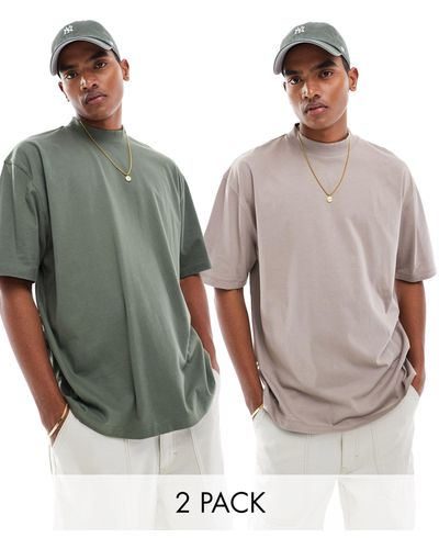 ASOS Confezione da 2 t-shirt oversize accollate marrone e verde - Grigio
