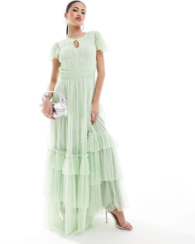 LACE & BEADS High Neck Tulle Maxi Dress - Green