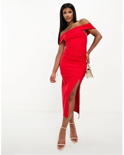 Vesper Bardot Thigh Split Midi Dress - Red