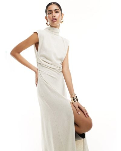 ASOS Linen High Neck Grown On Sleeve Midi Dress With Open Back And Button Neck Detail - White