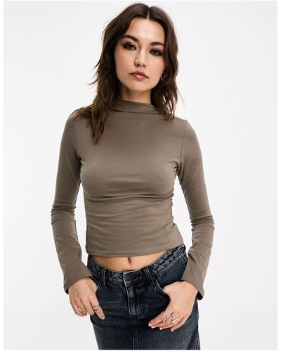 Collusion Long Sleeve Mock Neck Top - Brown