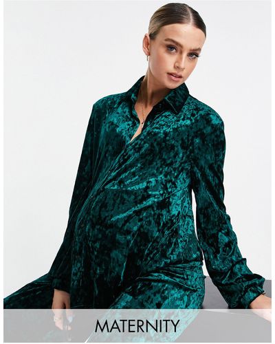 Flounce London – locker geschnittenes hemd aus samt - Grün