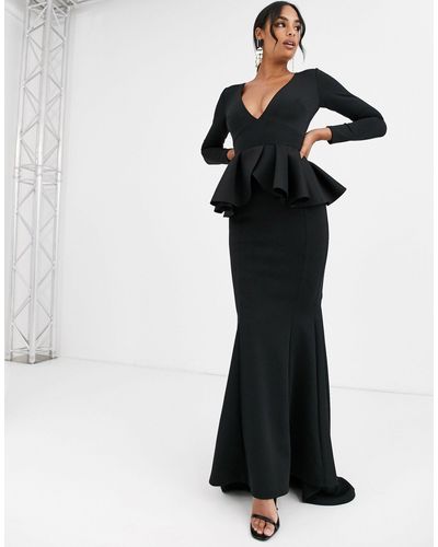 True Violet Label Long Sleeve Plunge Maxi Dress With Peplum - Black