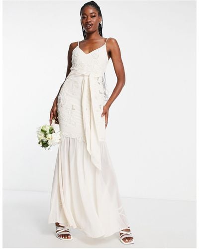 Hope & Ivy Bridal - vestito lungo da sposa trasparente ricamato color avorio annodato al collo - Bianco