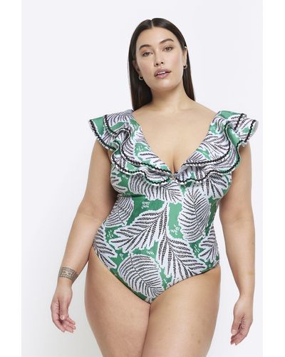 River Island Tropical Print Frill Swimsuit - Blue