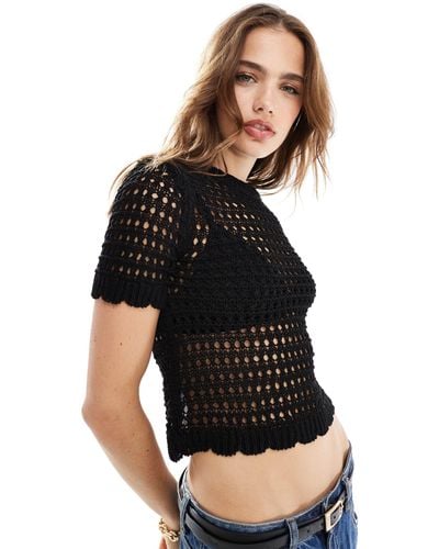 Mango Crochet Knitted T-shirt - Black