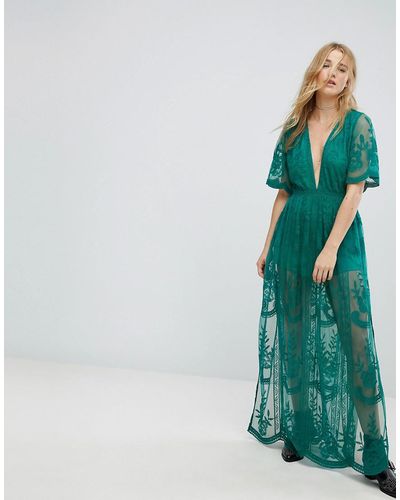 Honey Punch Maxi Dress In Premium Lace With Kimono Sleeves - Green