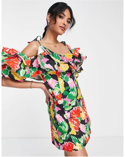 TOPSHOP Cotton Blend Bold Floral Ruffle Bardot Mini Dress - Multicolor