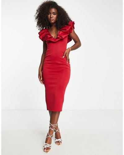 ASOS Deep Plunge Scrunch Neck Midi Dress - Red