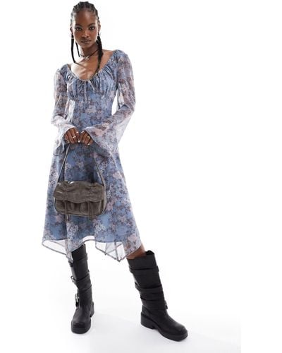Reclaimed (vintage) Midi Long Sleeve Tea Dress - Blue