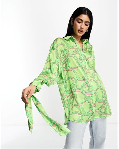 ASOS Oversized Satin Shirt With Tie Cuff Detail - Green