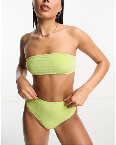 Monki Co-ord Glitter Bendaue Bikini Top With Back Tie - Green