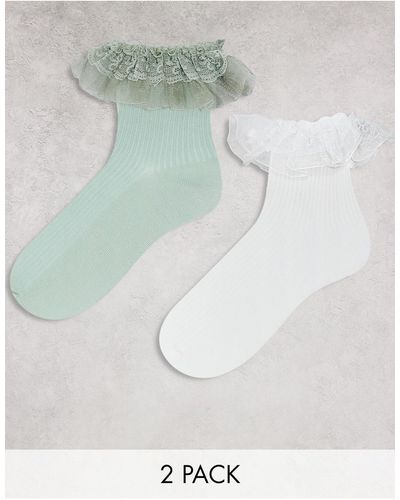 Monki Confezione da 2 paia di calzini con volant bianchi e verdi - Marrone