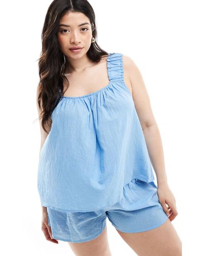 Loungeable Curve Cotton Smocked Cami Top And Short Pyjama Set - Blue