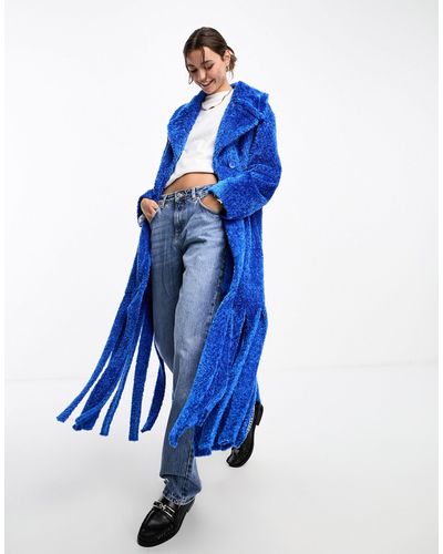 Annorlunda Manteau duveteux oversize à col arrondi et franges - Bleu