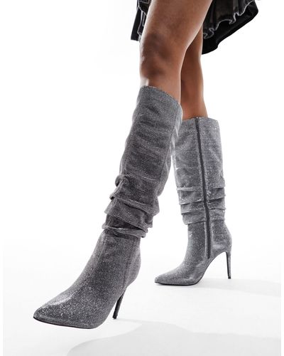 London Rebel Stilletto Rouche Knee Boots - Grey
