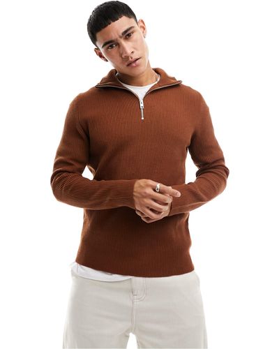 Jack & Jones Premium - maglione a coste con zip corta - Marrone