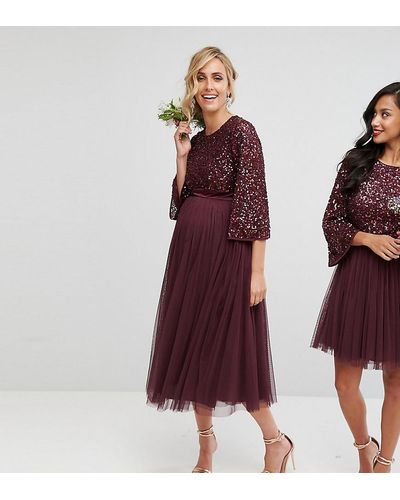 Maya Maternity Bell Sleeve Midi Dress In Tonal Delicate Sequin With Tulle Skirt And Kimono Sleeve - Red
