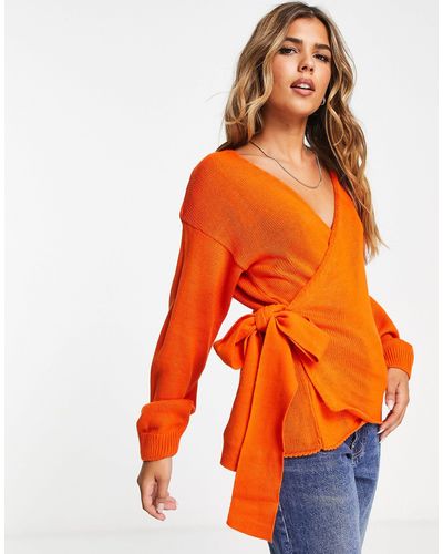Glamorous Grofgebreid Vest Met Overslag Aan - Oranje
